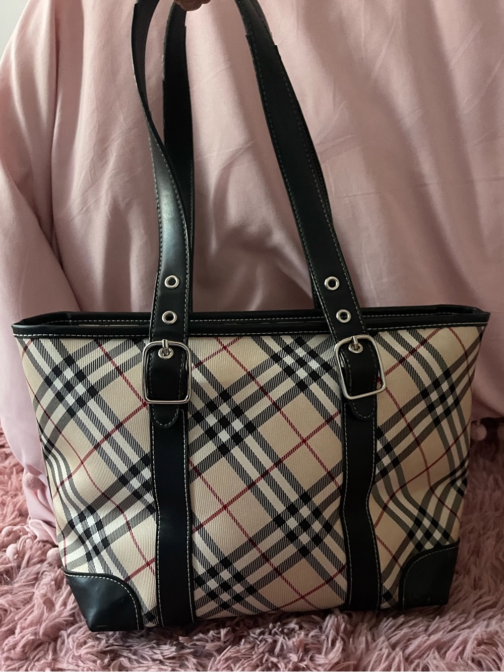 Beige Plaid Tote Bag with Black Trim - Picture 2 of 7